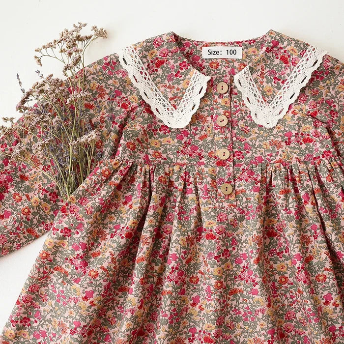 Soft classic girls' dress – floral long-sleeve knee-length, cotton, for special occasions