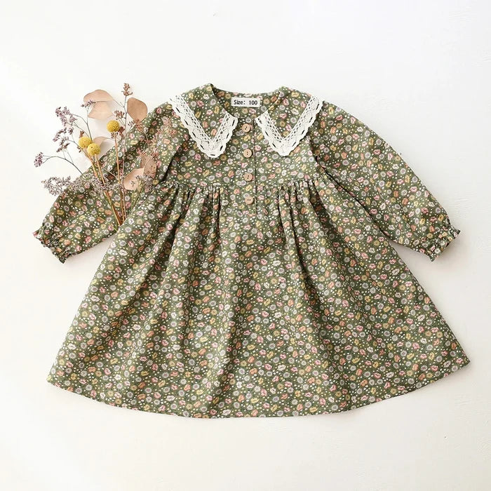 Soft classic girls' dress – floral long-sleeve knee-length, cotton, for special occasions