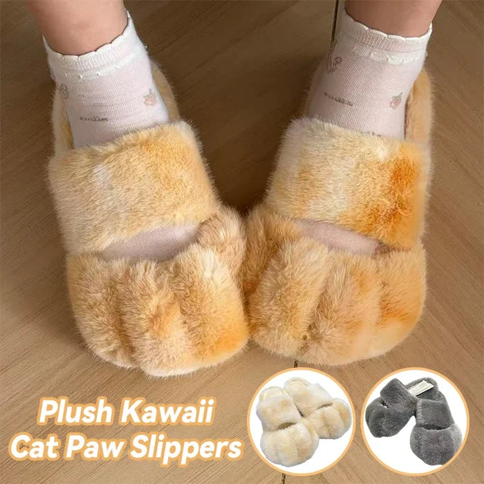 Soft cozy women's slippers - cat-paw design, long-pile plush faux fur, indoor use