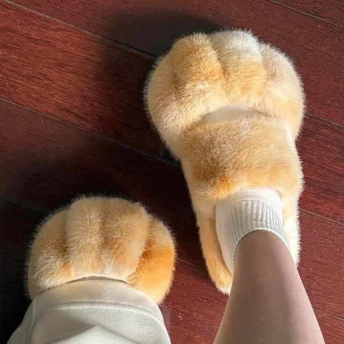 Soft cozy women's slippers - cat-paw design, long-pile plush faux fur, indoor use