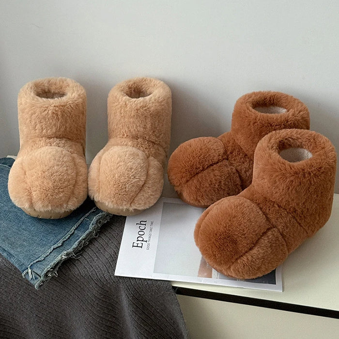 Soft cozy women's slippers - cat-paw design, long-pile plush faux fur, indoor use