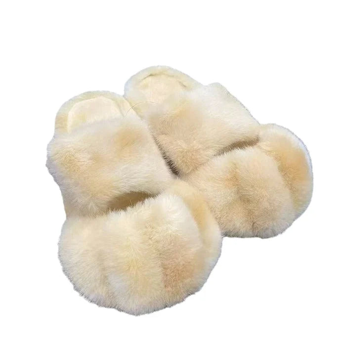 Soft cozy women's slippers - cat-paw design, long-pile plush faux fur, indoor use