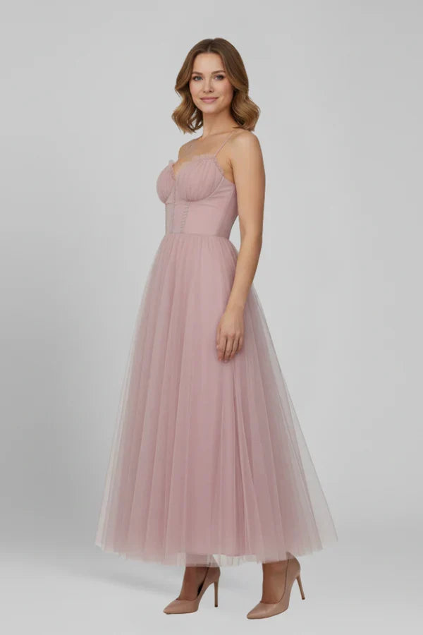 Soft flattering women's camisole dress - corset bodice, mid-length skirt, mesh, for evening