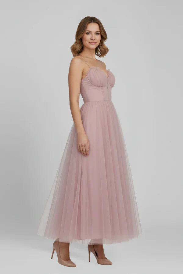 Soft flattering women's camisole dress - corset bodice, mid-length skirt, mesh, for evening