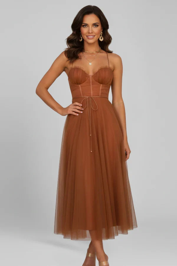 Soft flattering women's camisole dress - corset bodice, mid-length skirt, mesh, for evening