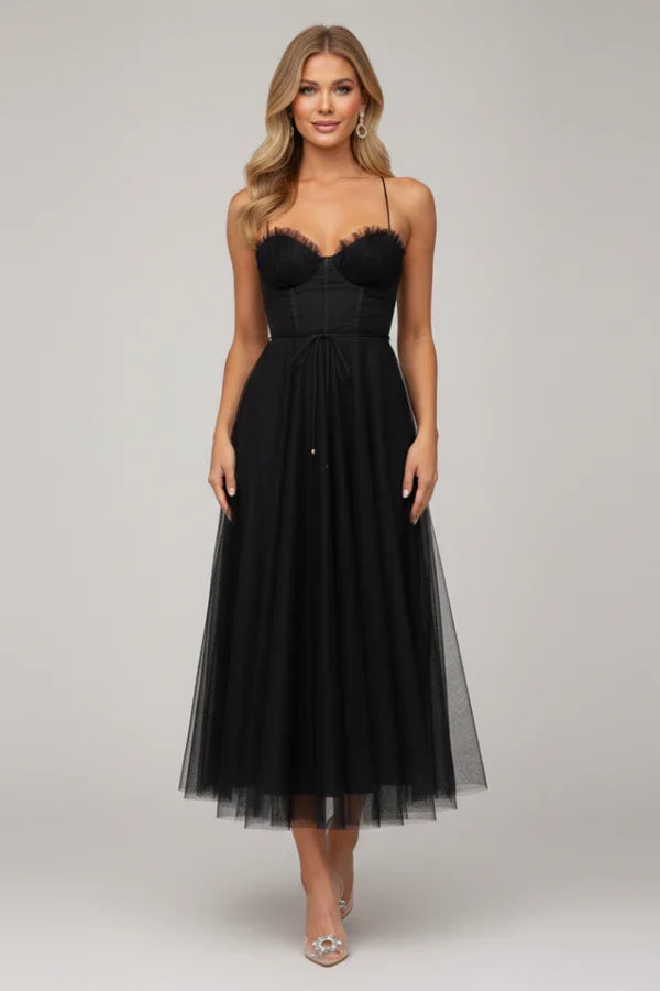 Soft flattering women's camisole dress - corset bodice, mid-length skirt, mesh, for evening