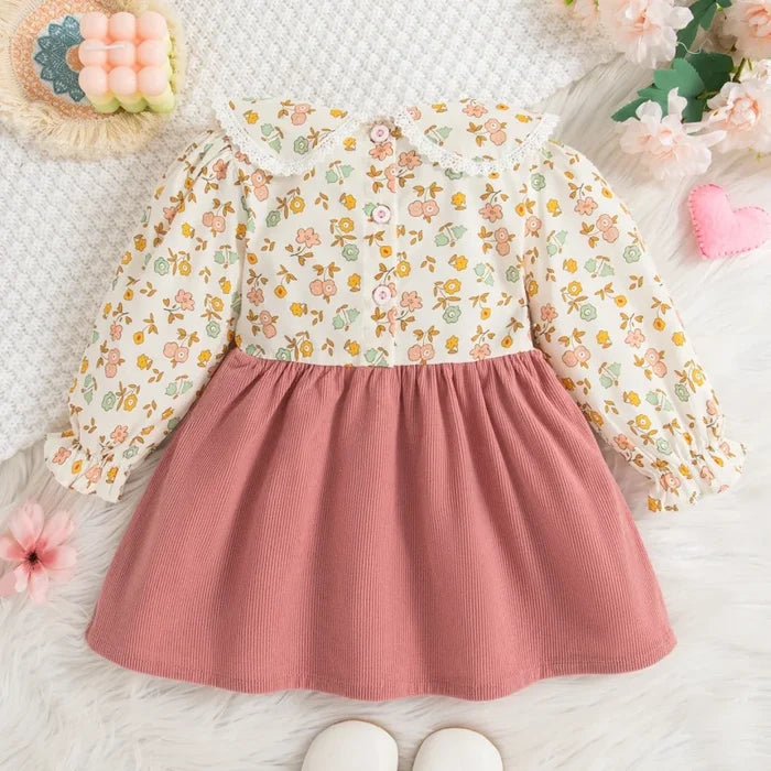 Soft Flowy Girls' Floral Long-Sleeve Dress - Bow-Detailed Waist, Polyester, For Spring And Autumn