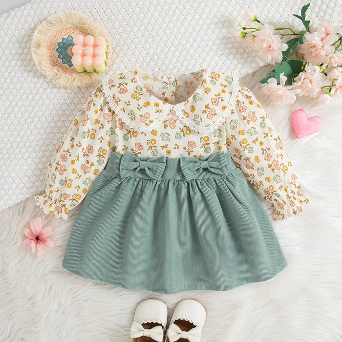Soft Flowy Girls' Floral Long-Sleeve Dress - Bow-Detailed Waist, Polyester, For Spring And Autumn