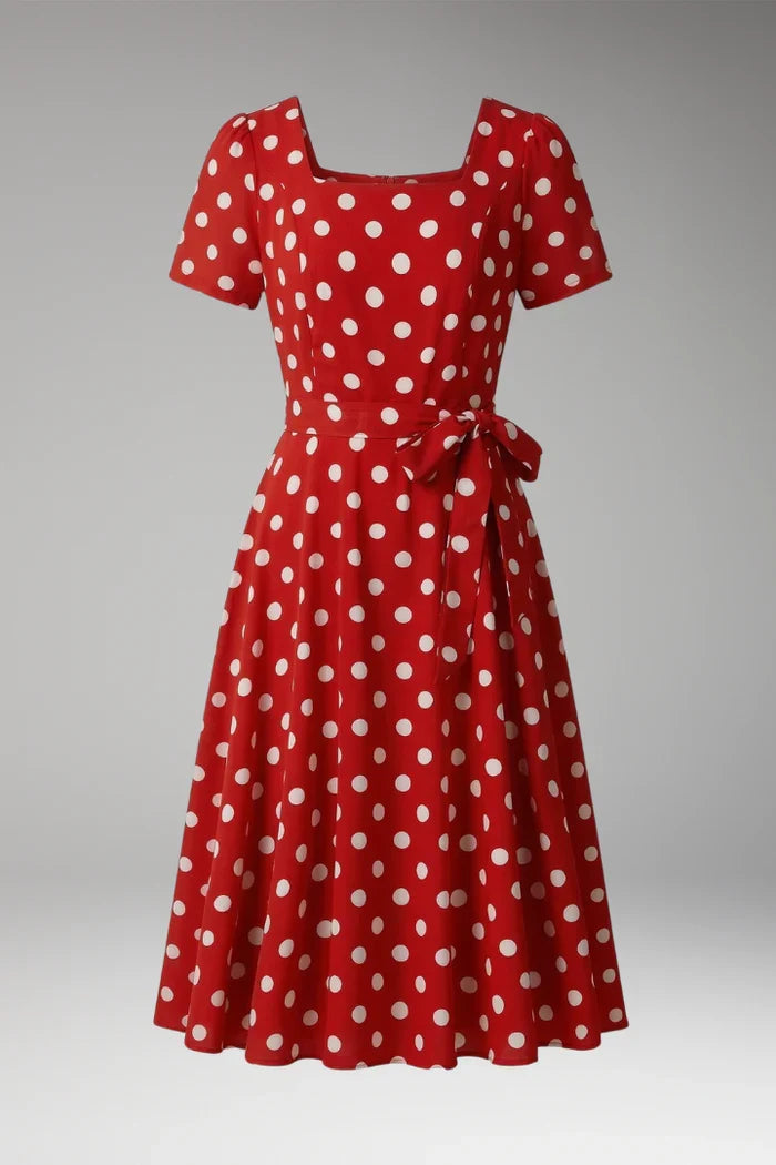 Soft, flowy women's dress – a-line wrap dress, polka-dot print, knee-length, waist-tie, polyester, for occasions
