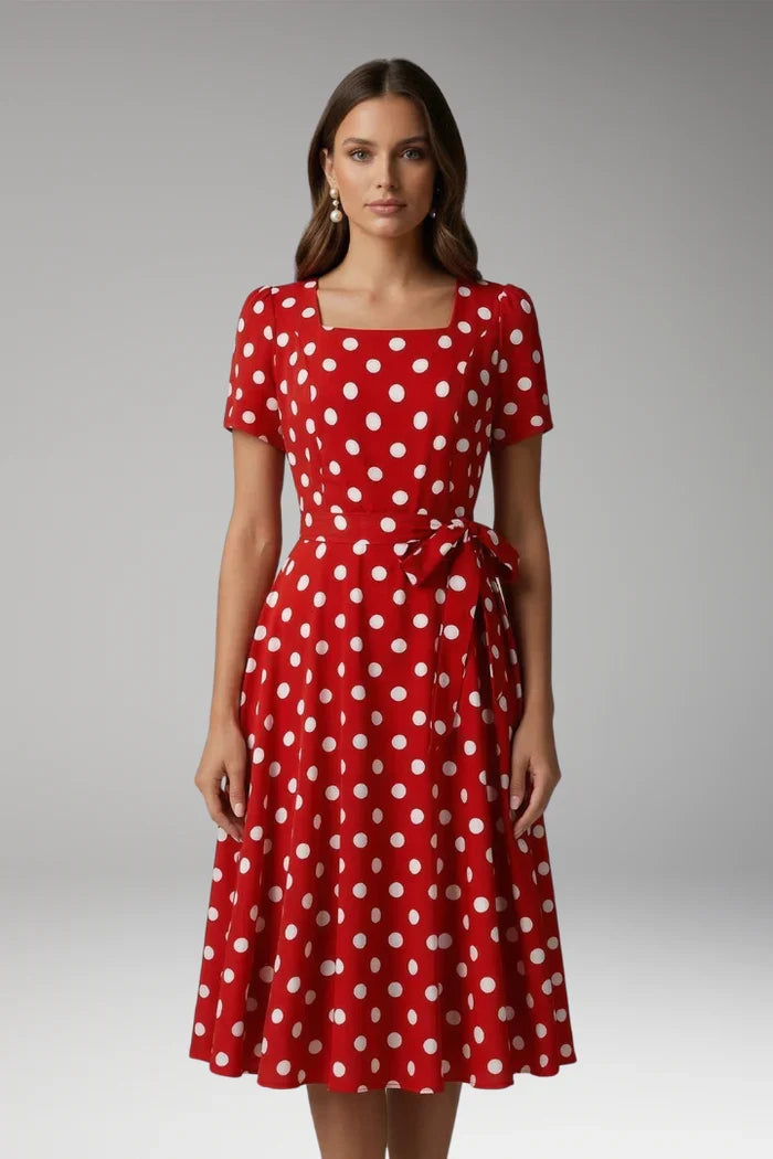 Soft, flowy women's dress – a-line wrap dress, polka-dot print, knee-length, waist-tie, polyester, for occasions