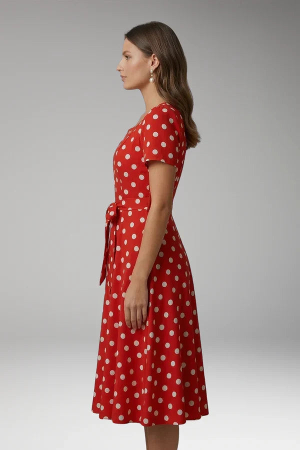 Soft, flowy women's dress – a-line wrap dress, polka-dot print, knee-length, waist-tie, polyester, for occasions