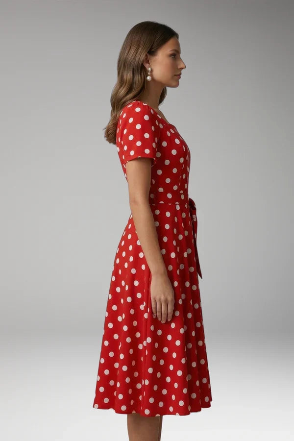 Soft, flowy women's dress – a-line wrap dress, polka-dot print, knee-length, waist-tie, polyester, for occasions