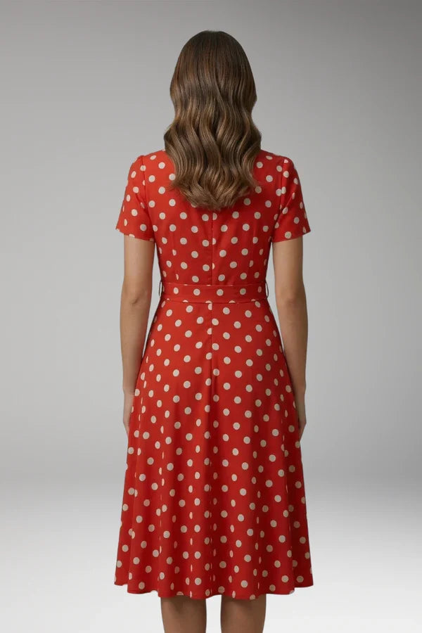 Soft, flowy women's dress – a-line wrap dress, polka-dot print, knee-length, waist-tie, polyester, for occasions