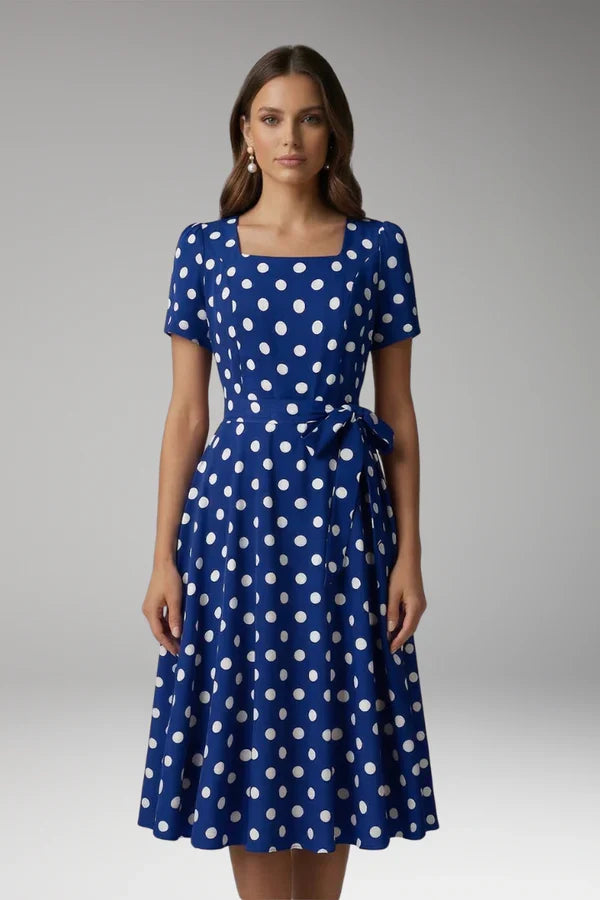 Soft, flowy women's dress – a-line wrap dress, polka-dot print, knee-length, waist-tie, polyester, for occasions