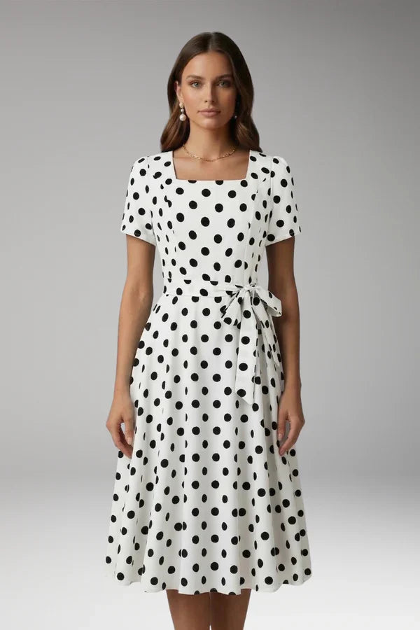 Soft, flowy women's dress – a-line wrap dress, polka-dot print, knee-length, waist-tie, polyester, for occasions