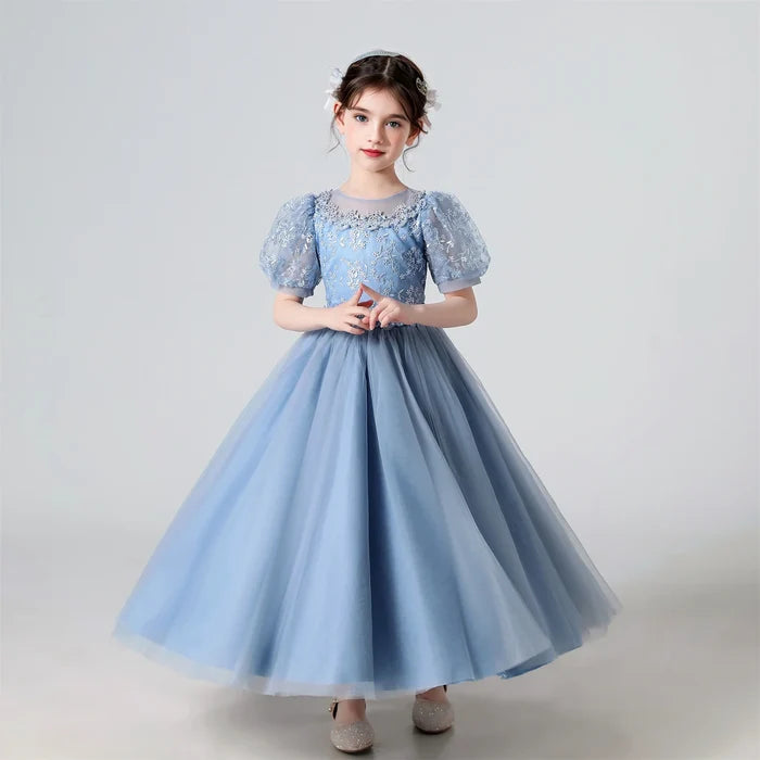 Soft Girls' Dress - Flowy Princess-Cut Lace-Embroidery, Polyester, Wedding Party