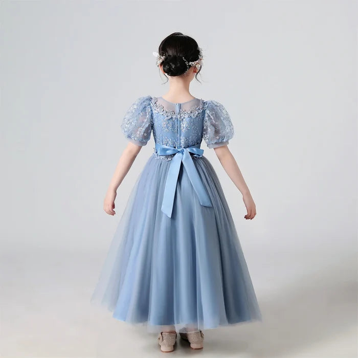 Soft Girls' Dress - Flowy Princess-Cut Lace-Embroidery, Polyester, Wedding Party