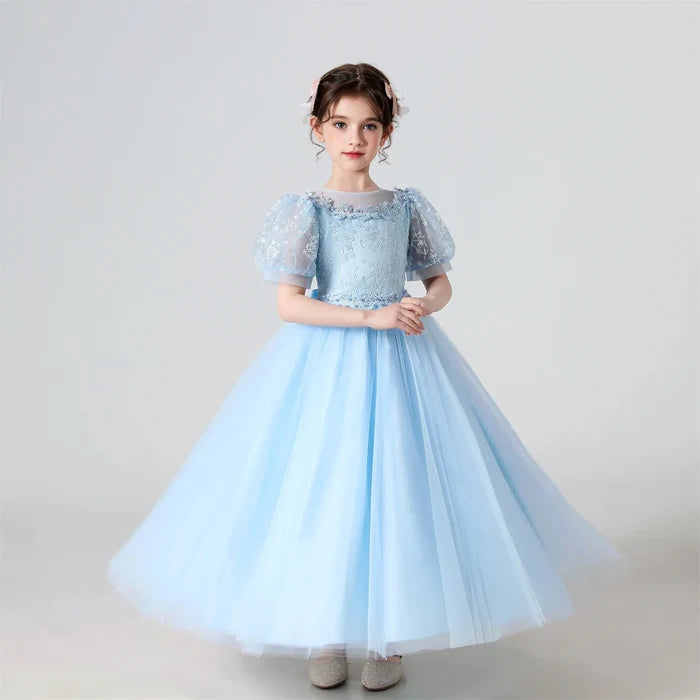 Soft Girls' Dress - Flowy Princess-Cut Lace-Embroidery, Polyester, Wedding Party