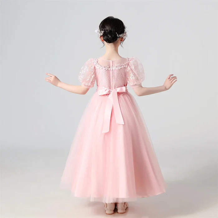 Soft Girls' Dress - Flowy Princess-Cut Lace-Embroidery, Polyester, Wedding Party