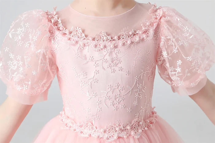 Soft Girls' Dress - Flowy Princess-Cut Lace-Embroidery, Polyester, Wedding Party