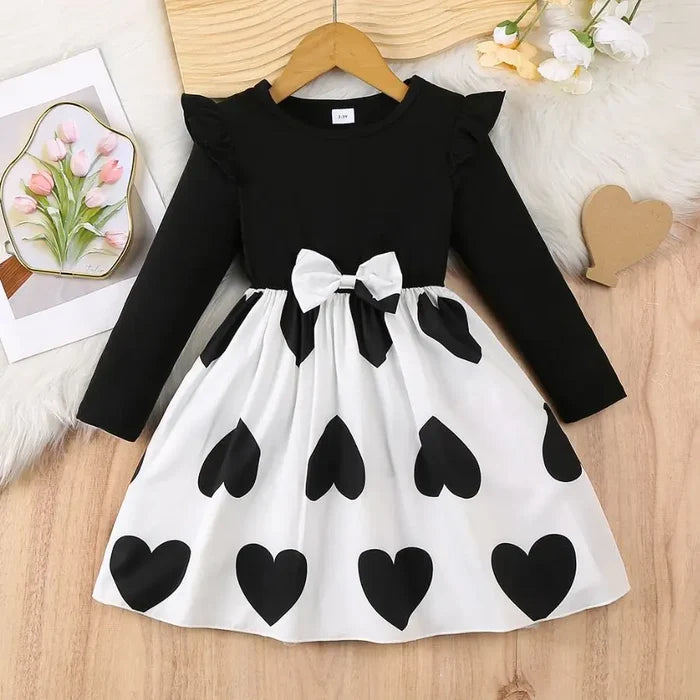 Soft girls' dress - Korean-style timeless heart-print, polyester, party wear for spring birthdays