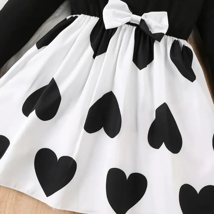 Soft girls' dress - Korean-style timeless heart-print, polyester, party wear for spring birthdays