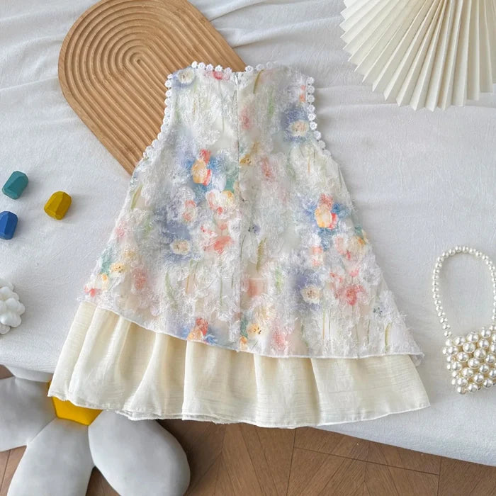 Soft Girls' Dress - Sleeveless Floral Print Bow, Cotton-Polyester Blend, Casual Summer Wear