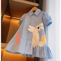 Soft Girls' Dress – Classic Rabbit-Applique Turn-Down Collar Puff Sleeves, Cotton, Casual Everyday Wear