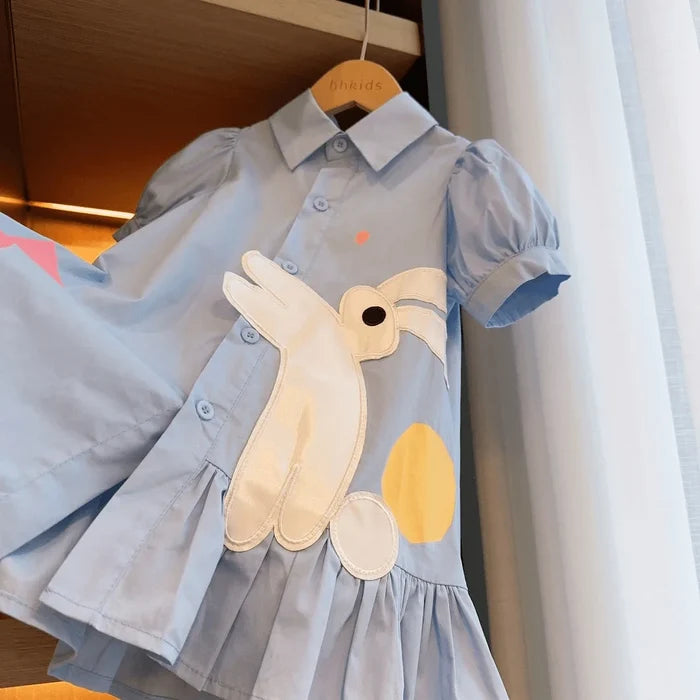 Soft Girls' Dress – Classic Rabbit-Applique Turn-Down Collar Puff Sleeves, Cotton, Casual Everyday Wear