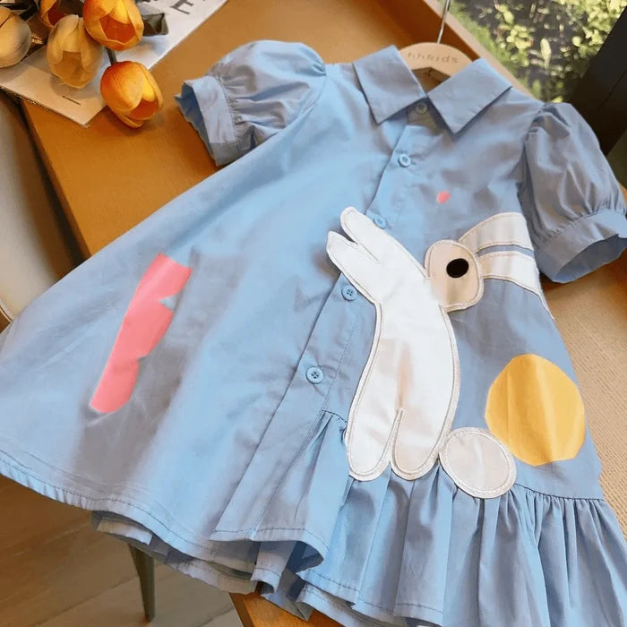 Soft Girls' Dress – Classic Rabbit-Applique Turn-Down Collar Puff Sleeves, Cotton, Casual Everyday Wear
