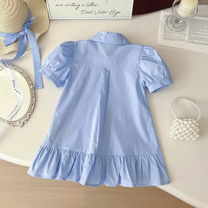 Soft Girls' Dress – Classic Rabbit-Applique Turn-Down Collar Puff Sleeves, Cotton, Casual Everyday Wear