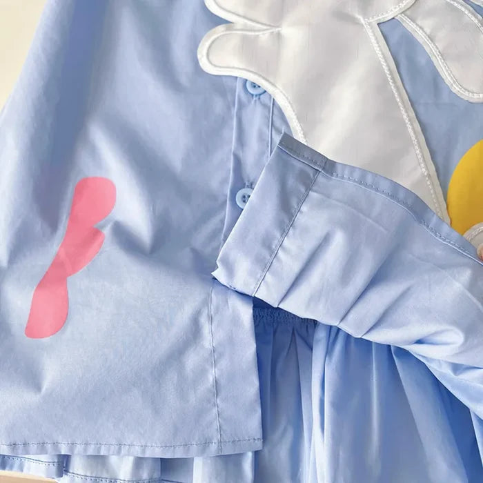 Soft Girls' Dress – Classic Rabbit-Applique Turn-Down Collar Puff Sleeves, Cotton, Casual Everyday Wear