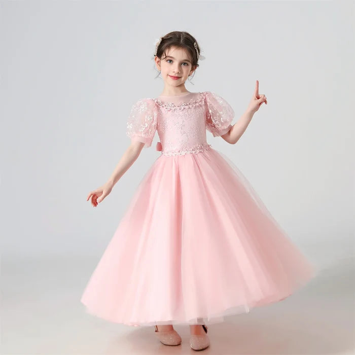 Soft Girls’ Lace-Embroidered Princess Dress - Puff Sleeve, Polyester, For Weddings and Parties