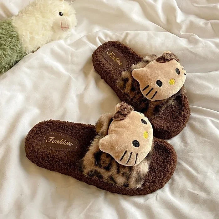 Soft girls' slippers - cozy leopard-print plush fur, polyester, indoor wear, gift