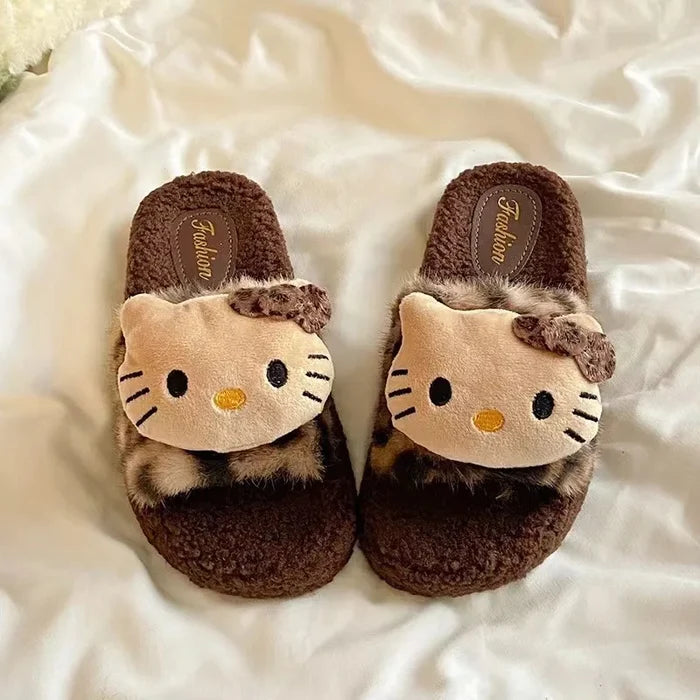 Soft girls' slippers - cozy leopard-print plush fur, polyester, indoor wear, gift