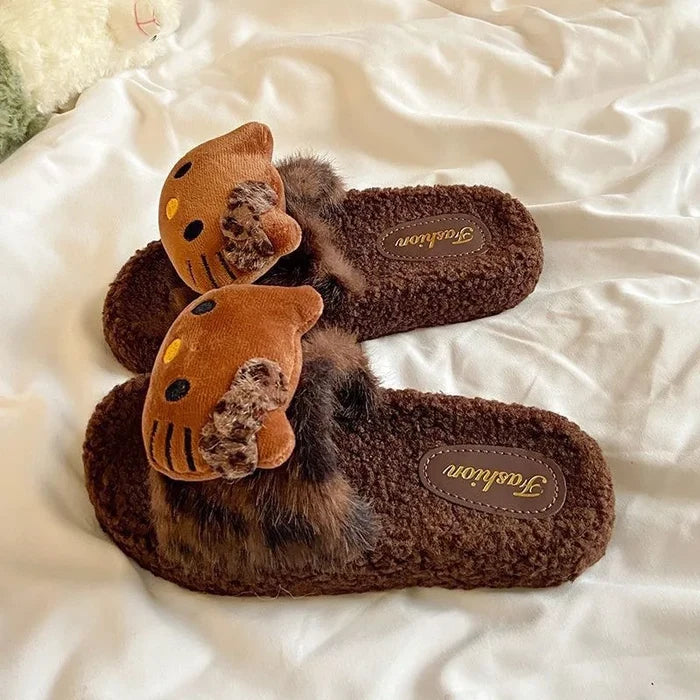 Soft girls' slippers - cozy leopard-print plush fur, polyester, indoor wear, gift