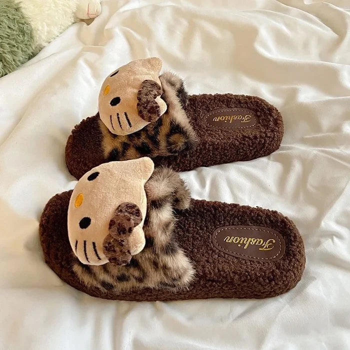 Soft girls' slippers - cozy leopard-print plush fur, polyester, indoor wear, gift