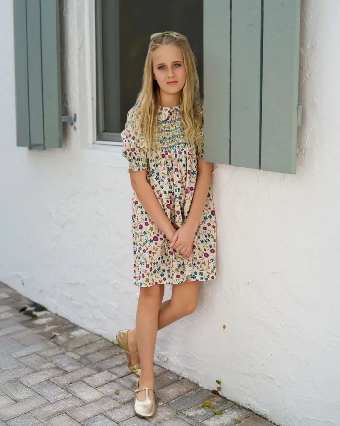 Soft Girls' Smocking Dress – Floral Print, Cotton, For Family Matching Outfits, Summer Events