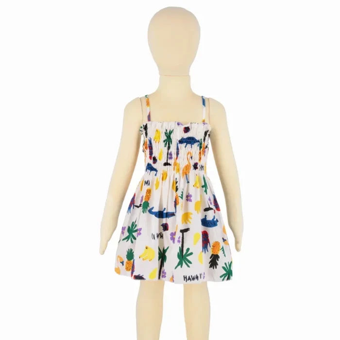 Soft girls' sundress - smocked bodice, daisy print, polyester, for casual summer outings