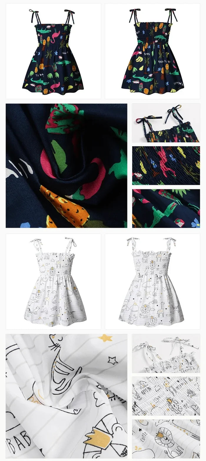 Soft girls' sundress - smocked bodice, daisy print, polyester, for casual summer outings