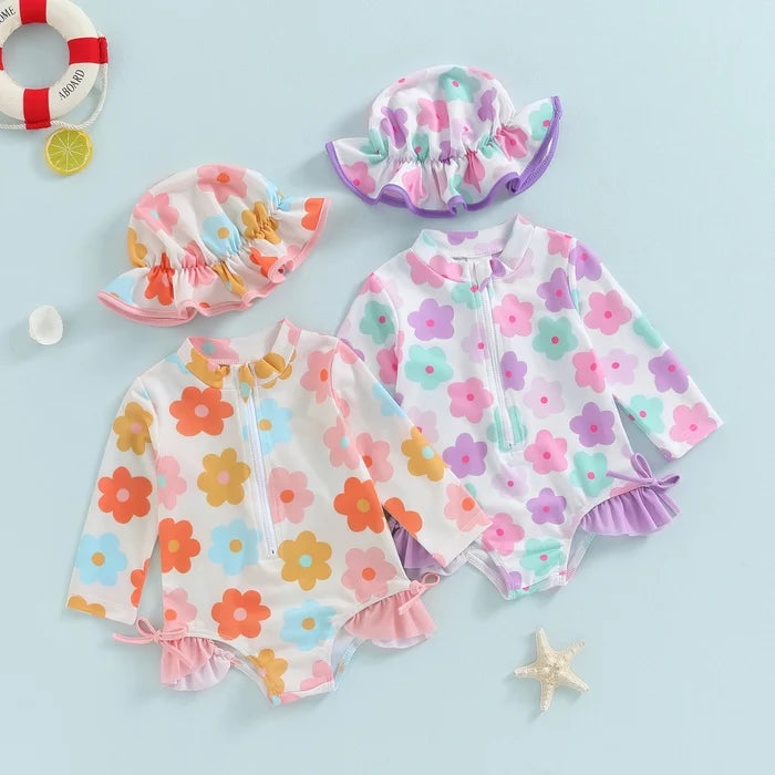 Soft Toddler Girls' Swimsuit - Long Sleeve, Zip Front, Flattering Flower Print, Polyester, Beach & Pool Swimwear