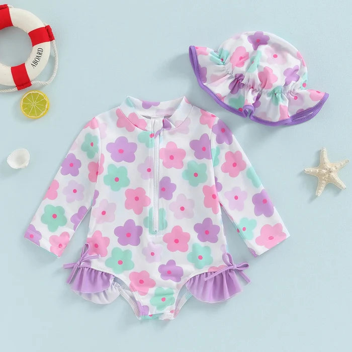 Soft Toddler Girls' Swimsuit - Long Sleeve, Zip Front, Flattering Flower Print, Polyester, Beach & Pool Swimwear