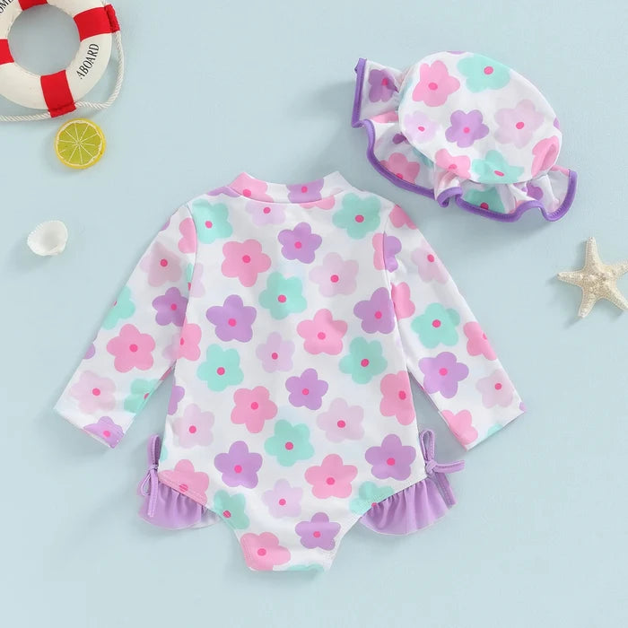 Soft Toddler Girls' Swimsuit - Long Sleeve, Zip Front, Flattering Flower Print, Polyester, Beach & Pool Swimwear