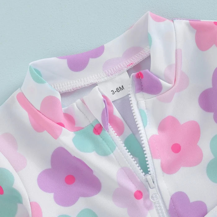 Soft Toddler Girls' Swimsuit - Long Sleeve, Zip Front, Flattering Flower Print, Polyester, Beach & Pool Swimwear