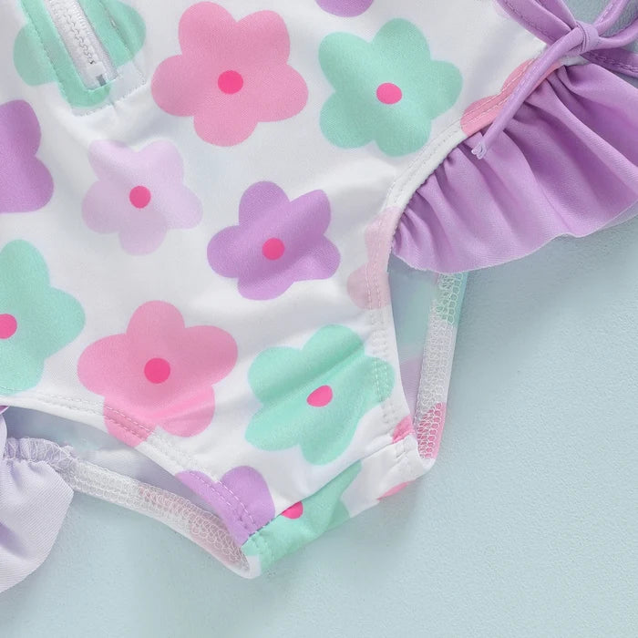 Soft Toddler Girls' Swimsuit - Long Sleeve, Zip Front, Flattering Flower Print, Polyester, Beach & Pool Swimwear