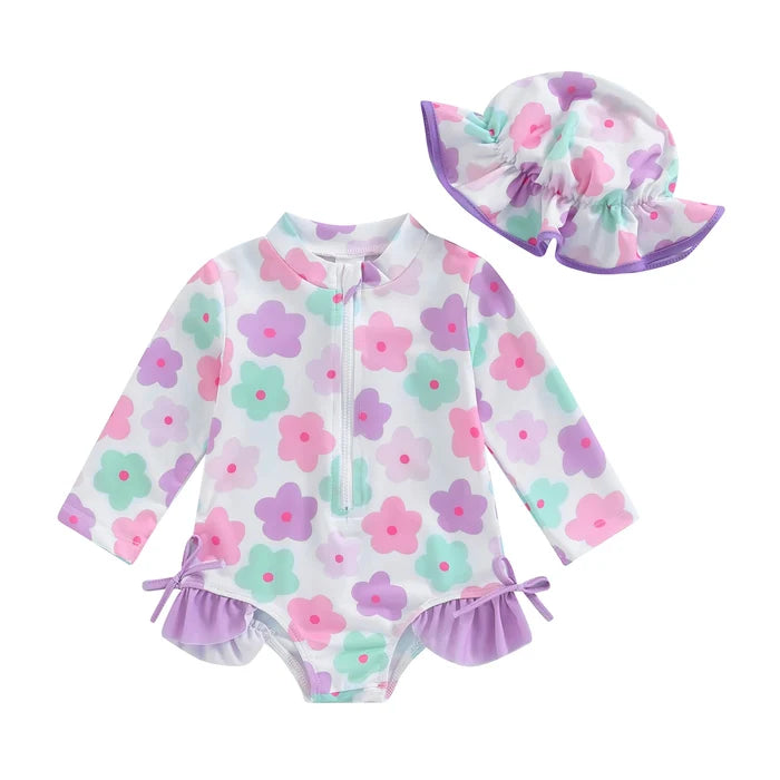 Soft Toddler Girls' Swimsuit - Long Sleeve, Zip Front, Flattering Flower Print, Polyester, Beach & Pool Swimwear