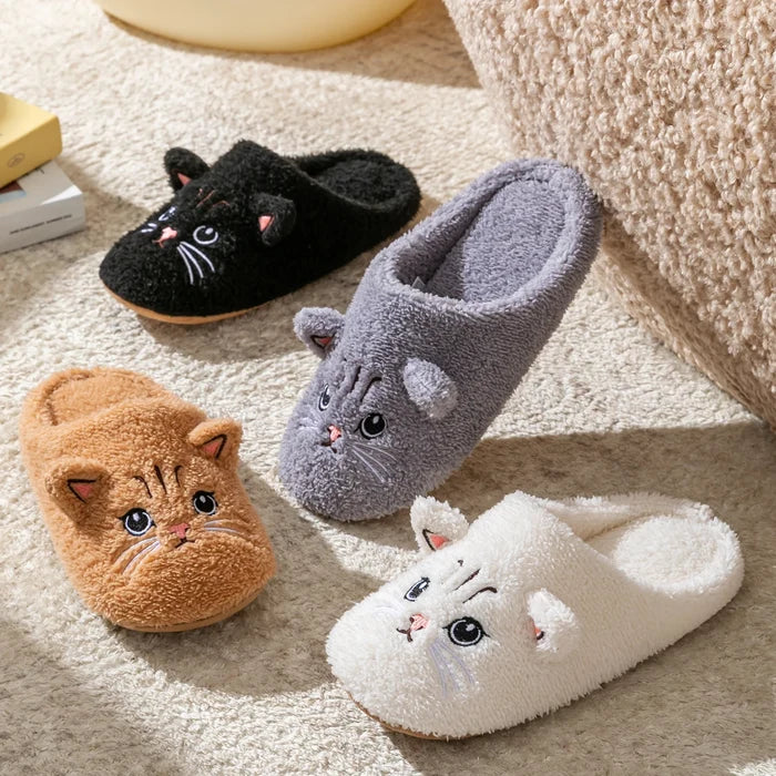 Soft women's cat-face plush slippers – cozy, comfortable indoor wear, non-slip sole for home warmth