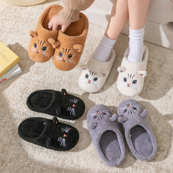 Soft women's cat-face plush slippers – cozy, comfortable indoor wear, non-slip sole for home warmth