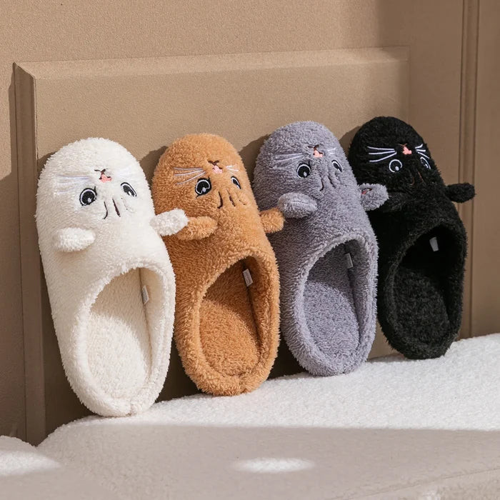 Soft women's cat-face plush slippers – cozy, comfortable indoor wear, non-slip sole for home warmth