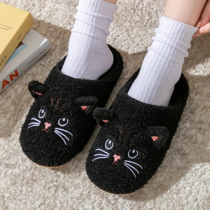 Soft women's cat-face plush slippers – cozy, comfortable indoor wear, non-slip sole for home warmth